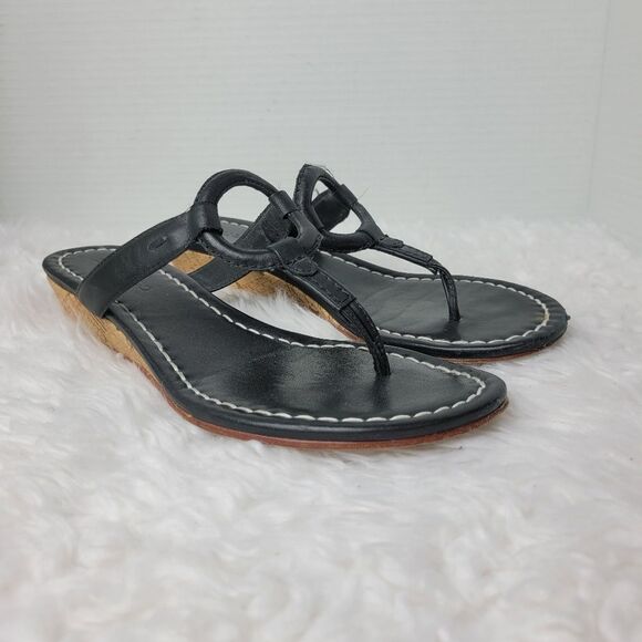 Bernardo Matrix Womens Size 8.5 Mini Wedge  Black Leather Thong Sandals - Picture 1 of 9